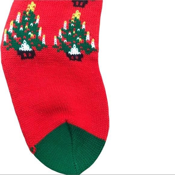 Vintage Christmas Stocking Knitted Xmas Trees Lights Pom Poms Red Multi … - Picture 4 of 4